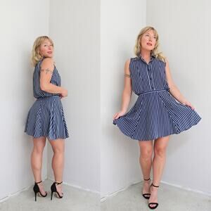 1990's Vintage Nordstrom Navy Striped Skirt & Blouse Set Women's XXS to XS 90's